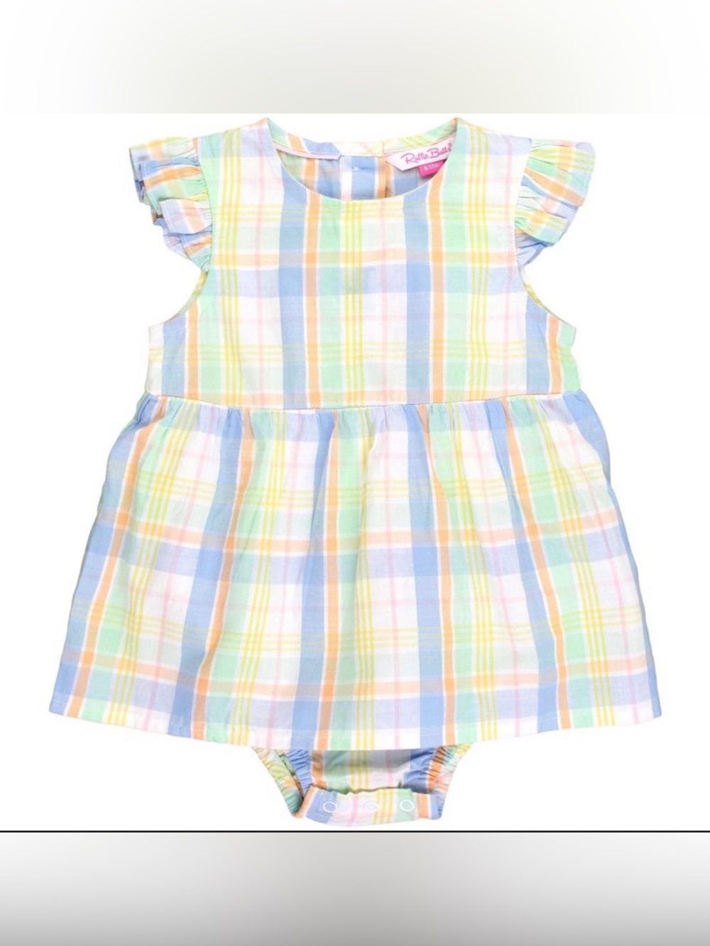 NWT Ruffle Butts Clubhouse Rainbow Plaid Flutter Sleeve Skirted Romper 6-12m